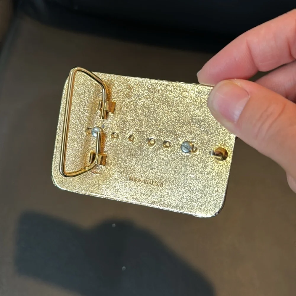 USA Made Belt Buckle Gold Plated with Lapis Lazuli and Southwest Floral Design
